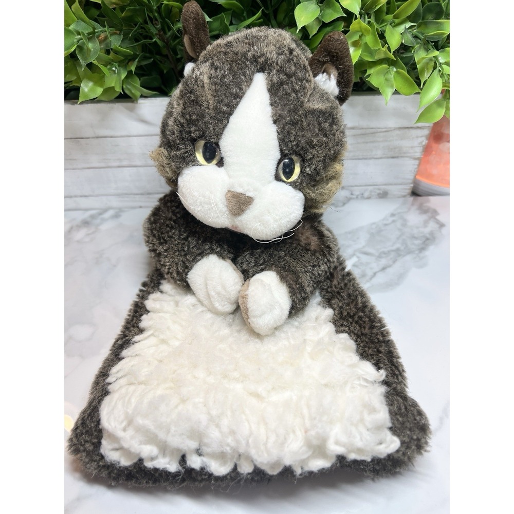 Folkmanis Vtg Cat Stage Puppet Retired Green Eyes Plush Fluffy White Brown 15"
